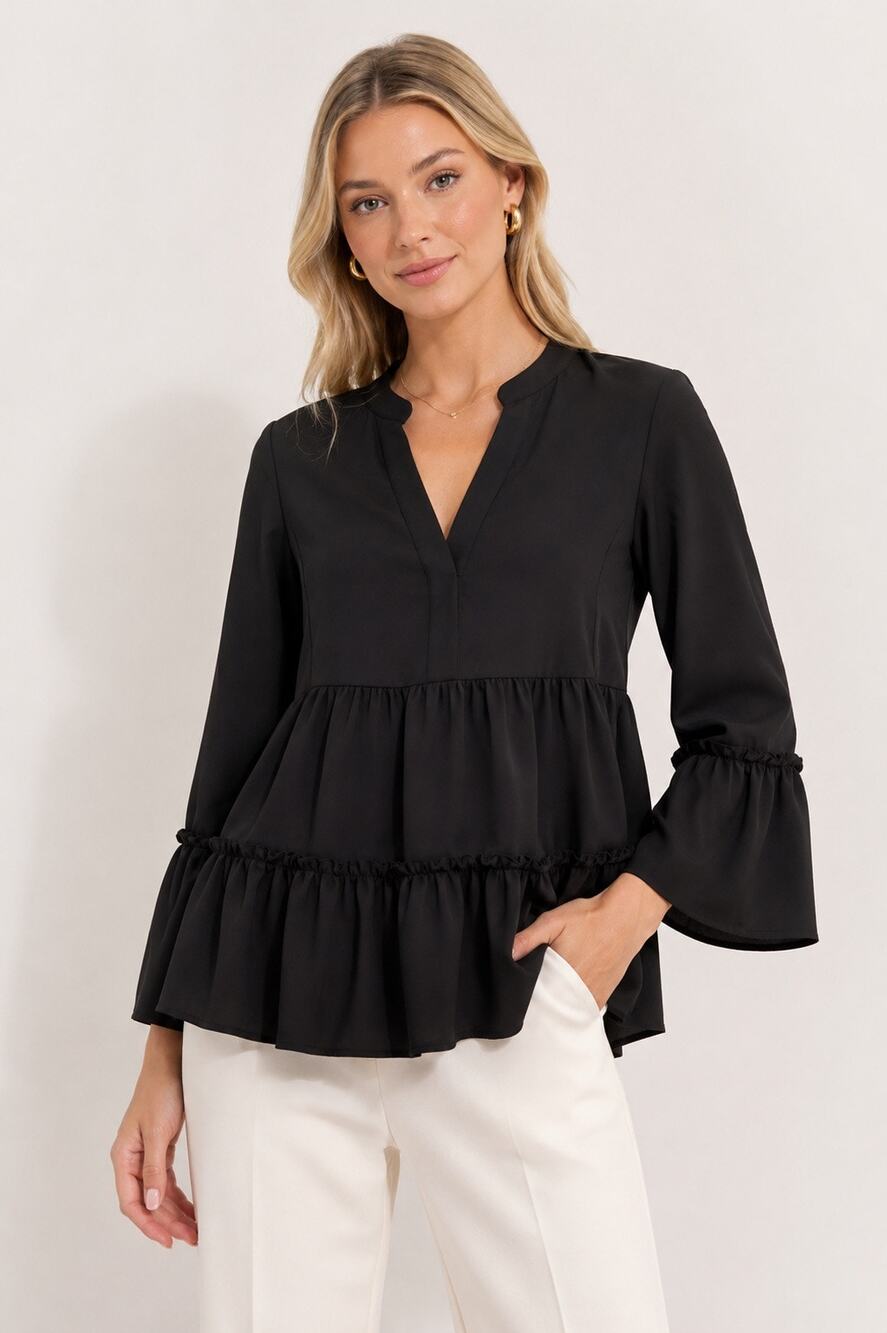 Tuckernuck Pomander Place Black Tiered Crepe Blouse Minimalist Chic